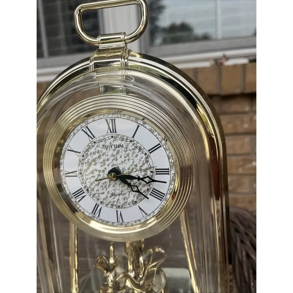 Rhythm Anniversary Mantel Clock Gold Rotating Pendulum Fully Working